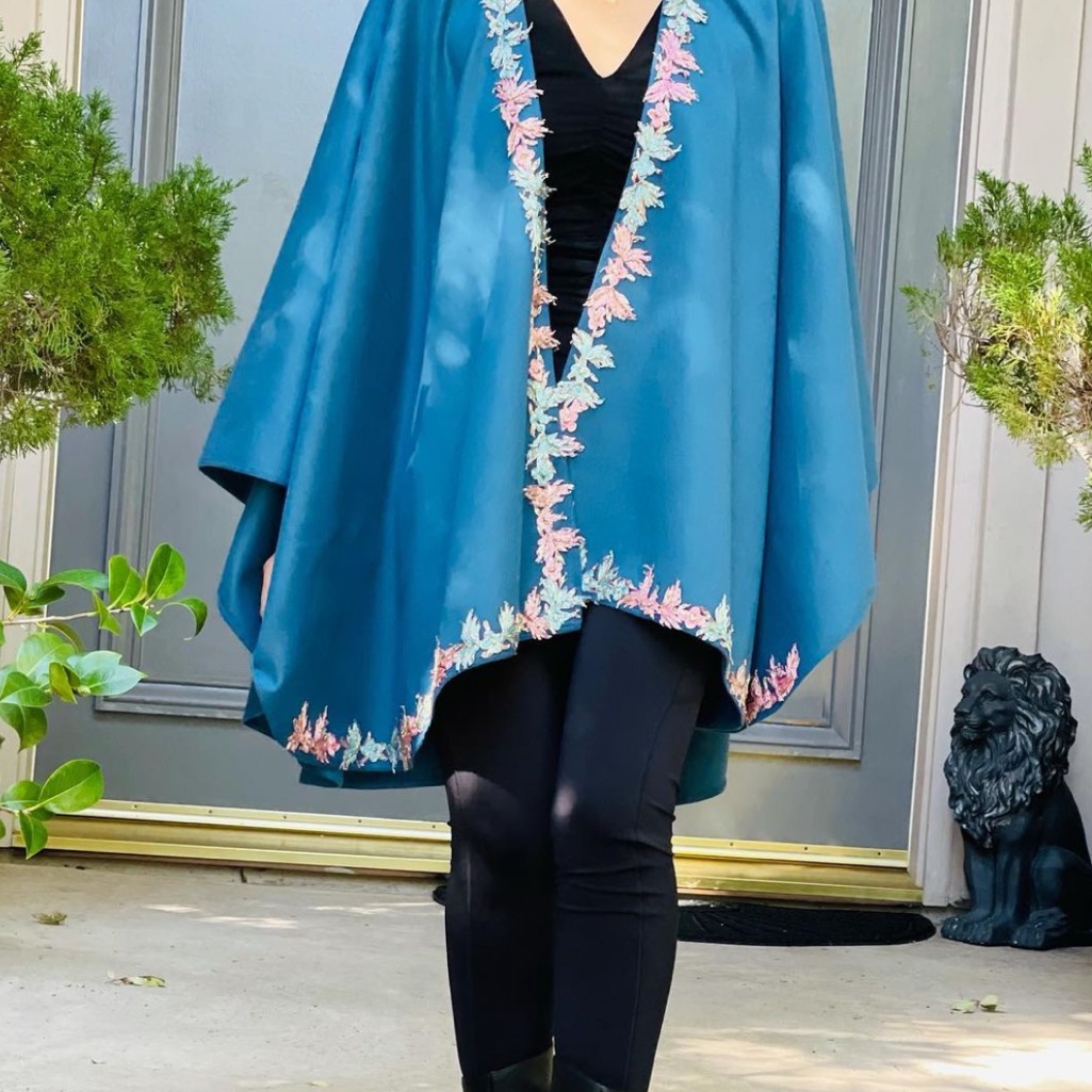 Blue Wool Poncho With Details